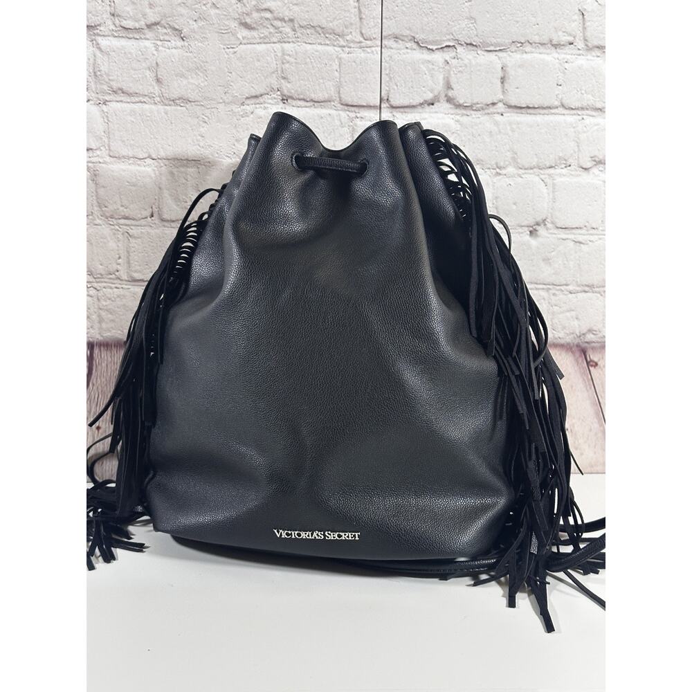 Victoria's Secret Backpack Black Purse Bag Fringe Faux Leather Western 14x15"